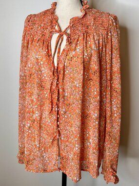 Free People Coral Floral Peasant Blouse - Size Medium